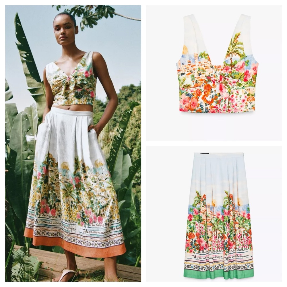 Zara Two Piece Set Of Printed Knot Top and Skirt